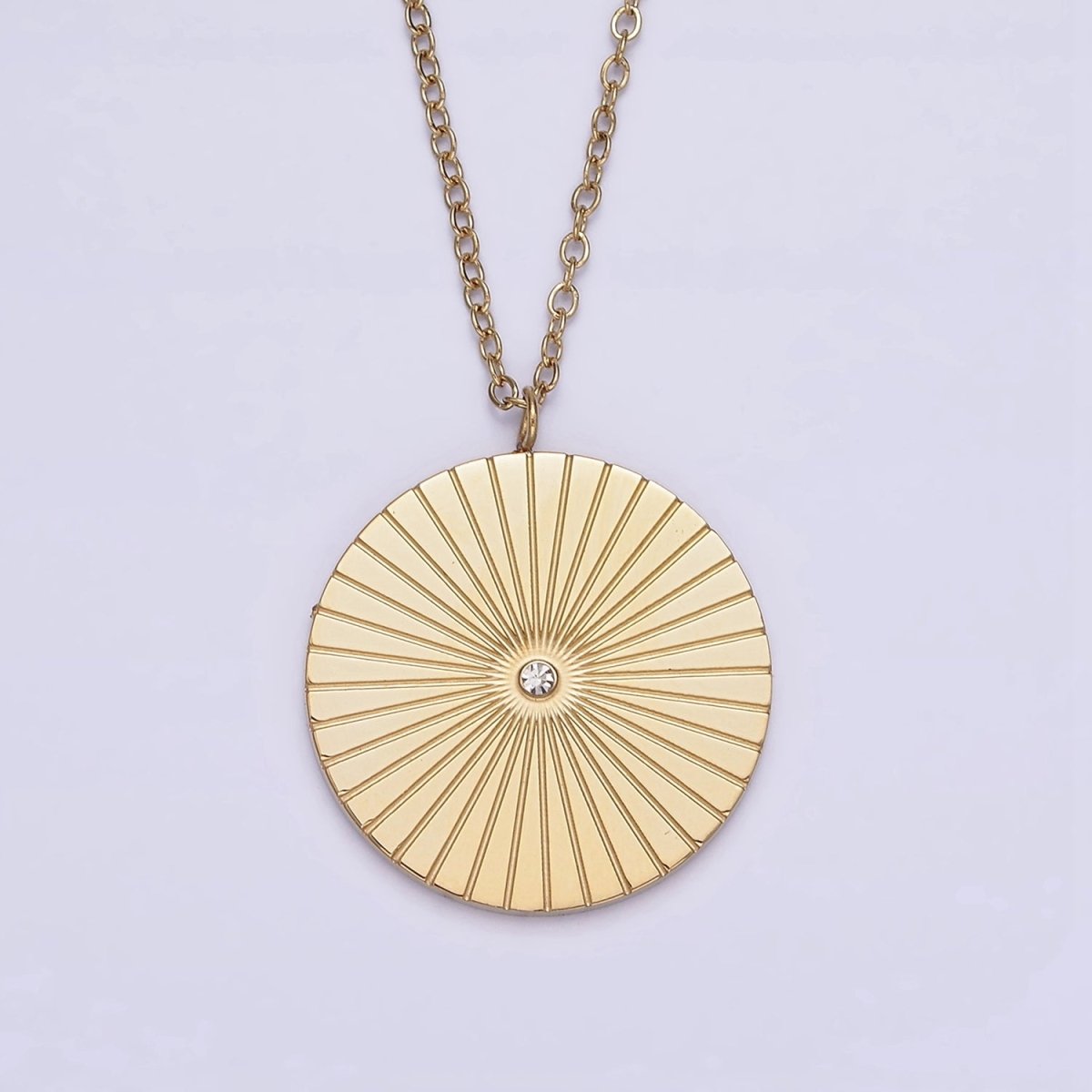Stainless Steel CZ Lined Sunburst Round Charm 20 Inch Cable Chain Layering Necklace | WA-2036 Clearance Pricing
