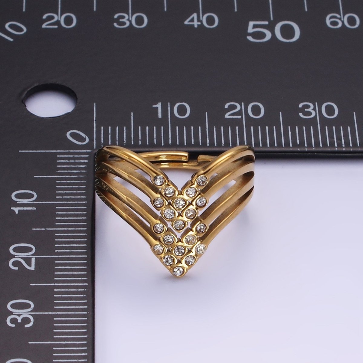 Stainless Steel CZ Micro Paved Dotted Multiple Band Chevron Ring | O1282