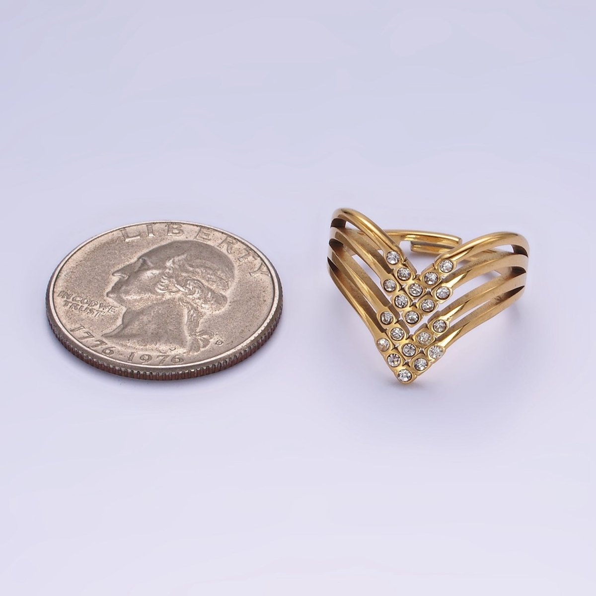 Stainless Steel CZ Micro Paved Dotted Multiple Band Chevron Ring | O1282