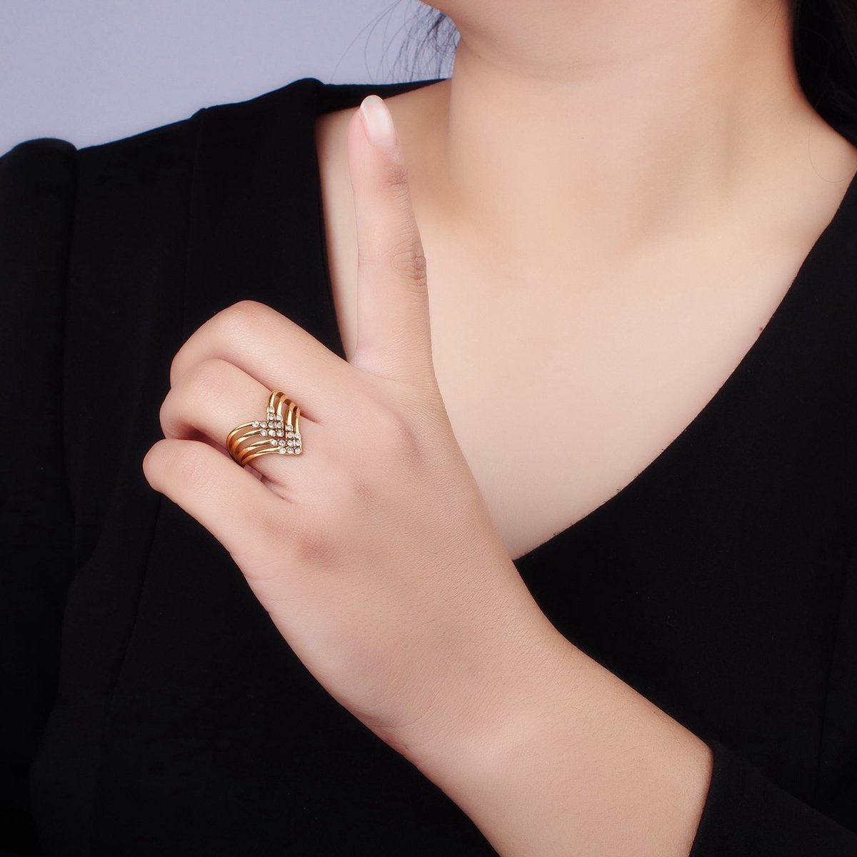 Stainless Steel CZ Micro Paved Dotted Multiple Band Chevron Ring | O1282