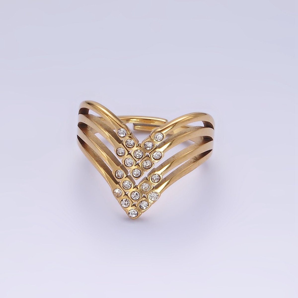 Stainless Steel CZ Micro Paved Dotted Multiple Band Chevron Ring | O1282
