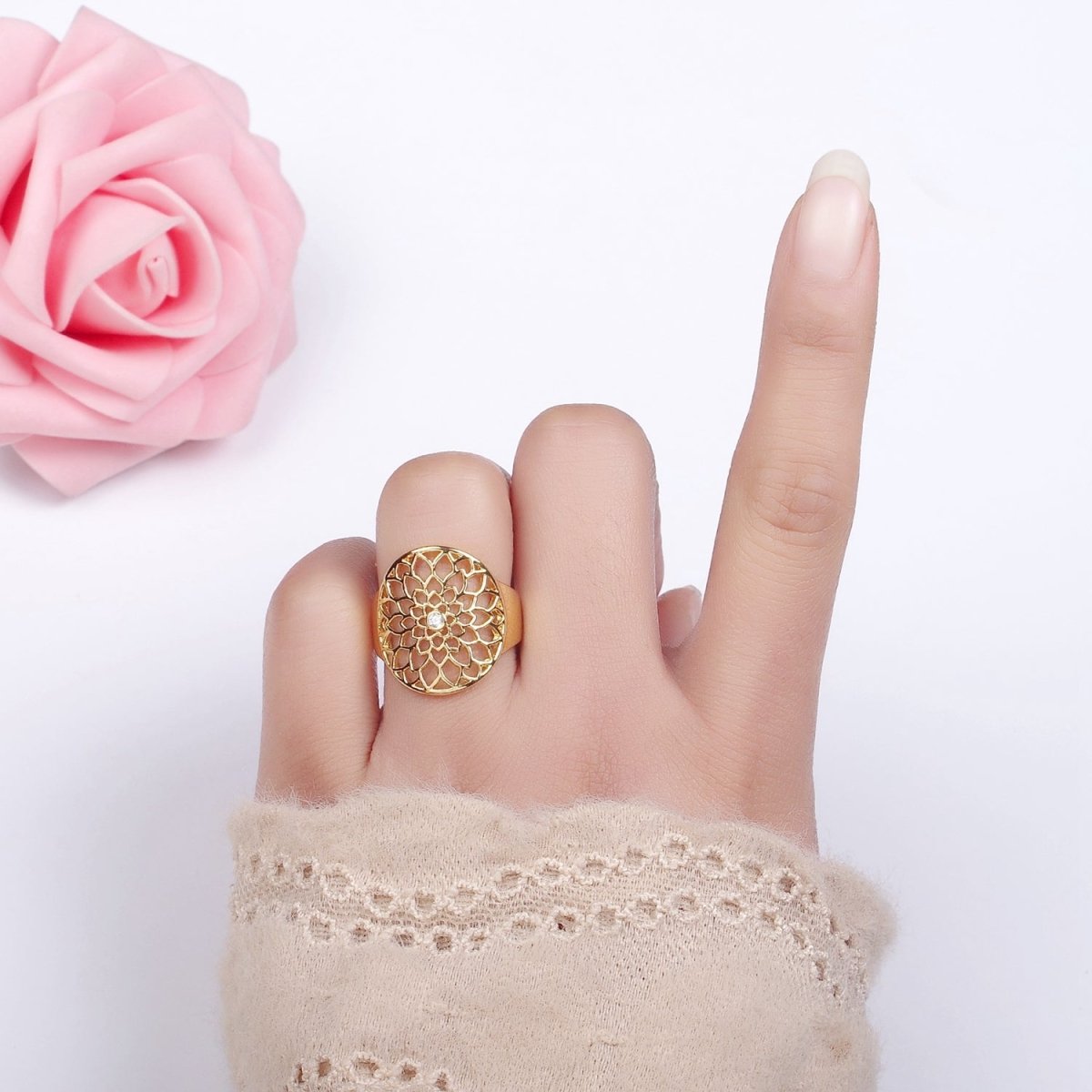 Stainless Steel CZ Open Lotus Flower Filigree Ring | O1305