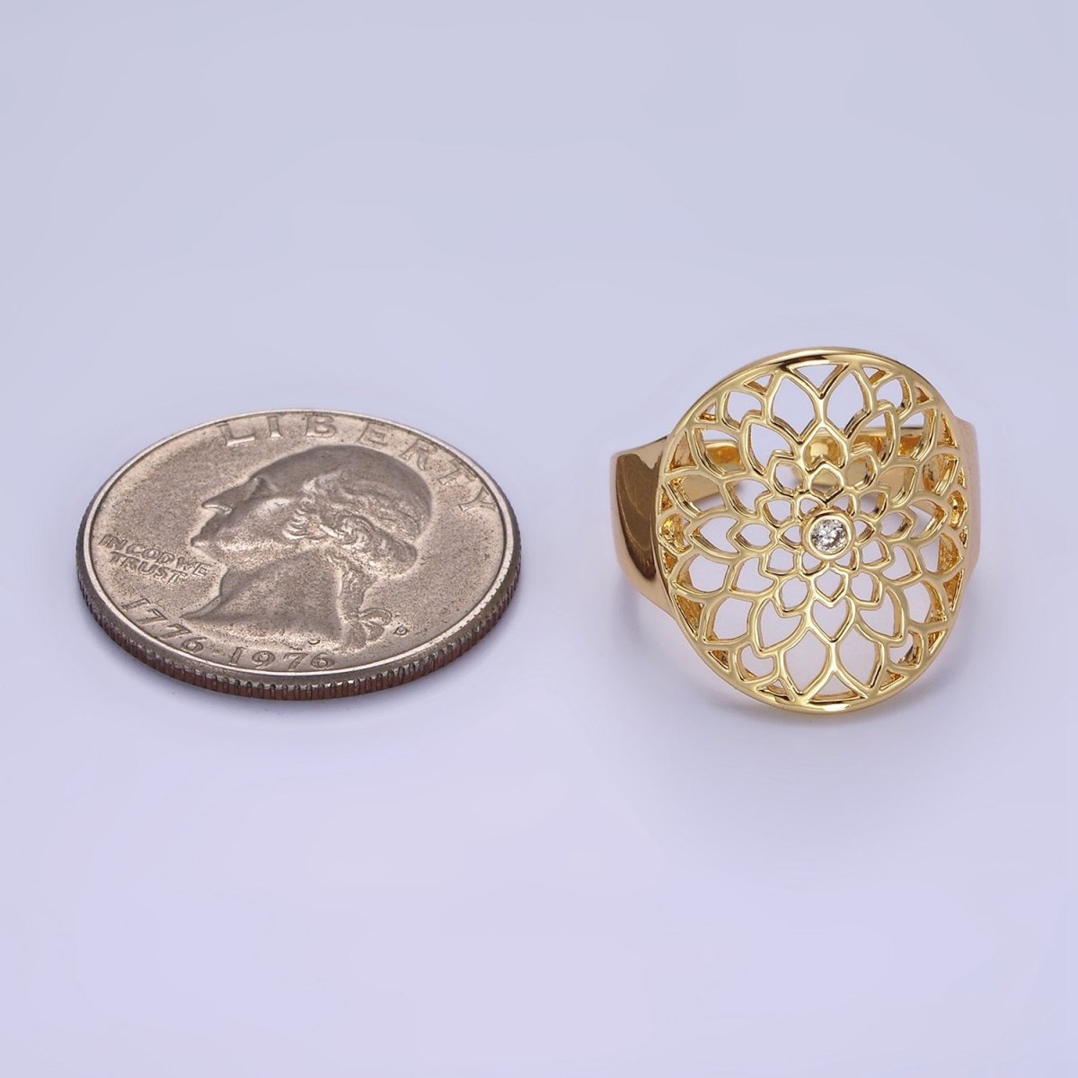 Stainless Steel CZ Open Lotus Flower Filigree Ring | O1305