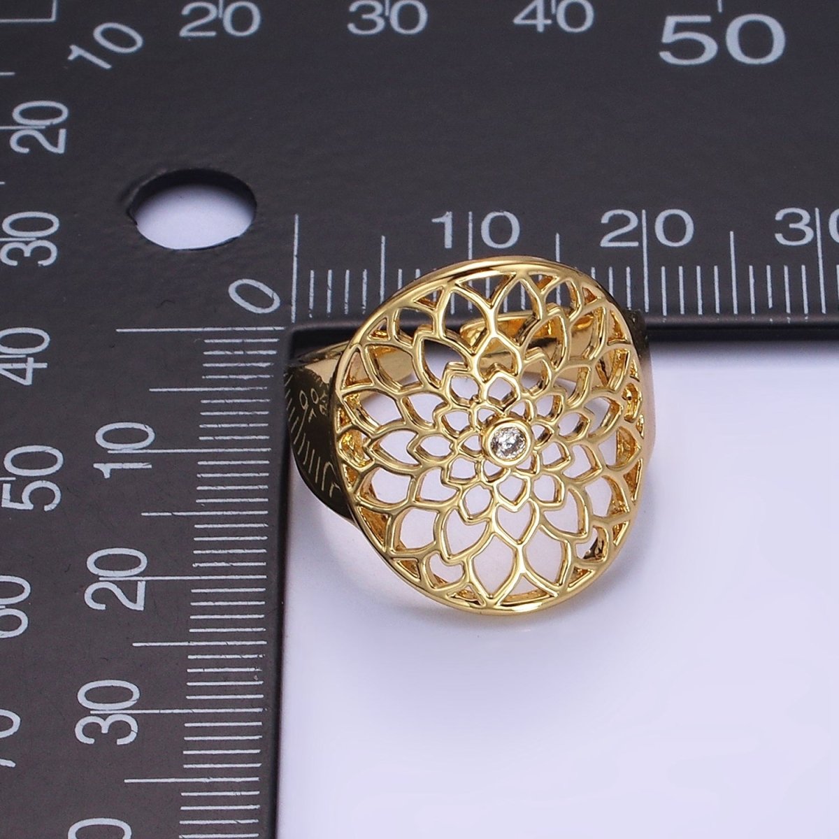 Stainless Steel CZ Open Lotus Flower Filigree Ring | O1305