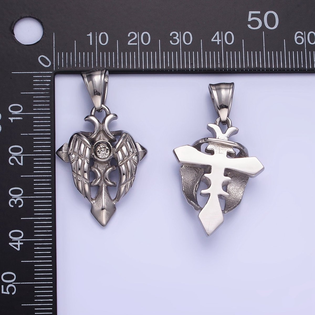 Stainless Steel CZ Passion Cross Bat Wings Pendant | P1389
