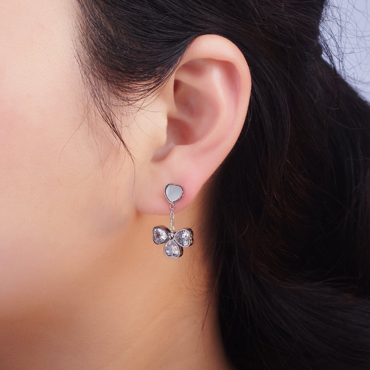 Stainless Steel CZ Petal Flower Shell Pearl Heart Drop Stud Earrings in Gold & Silver | AE475 AE476