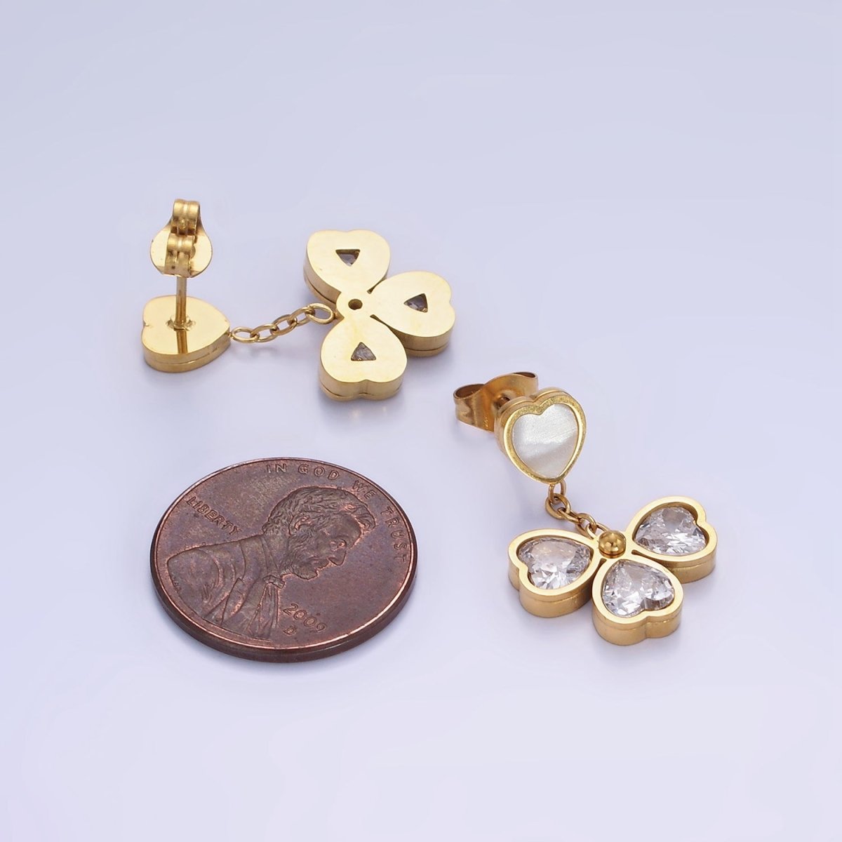 Stainless Steel CZ Petal Flower Shell Pearl Heart Drop Stud Earrings in Gold & Silver | AE475 AE476