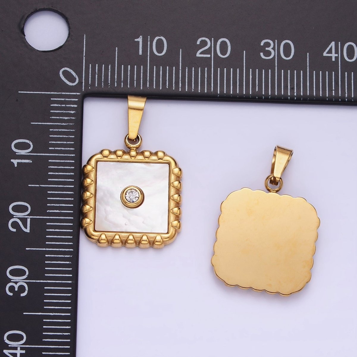 Stainless Steel CZ Shell Pearl Square Edged Bezel Pendant | P1392