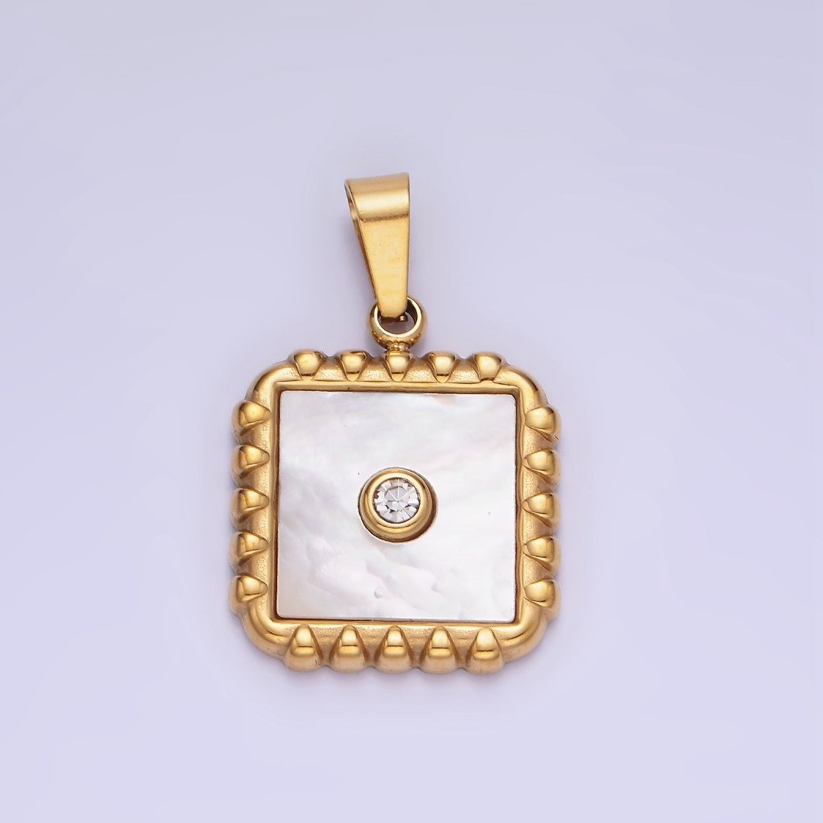 Stainless Steel CZ Shell Pearl Square Edged Bezel Pendant | P1392