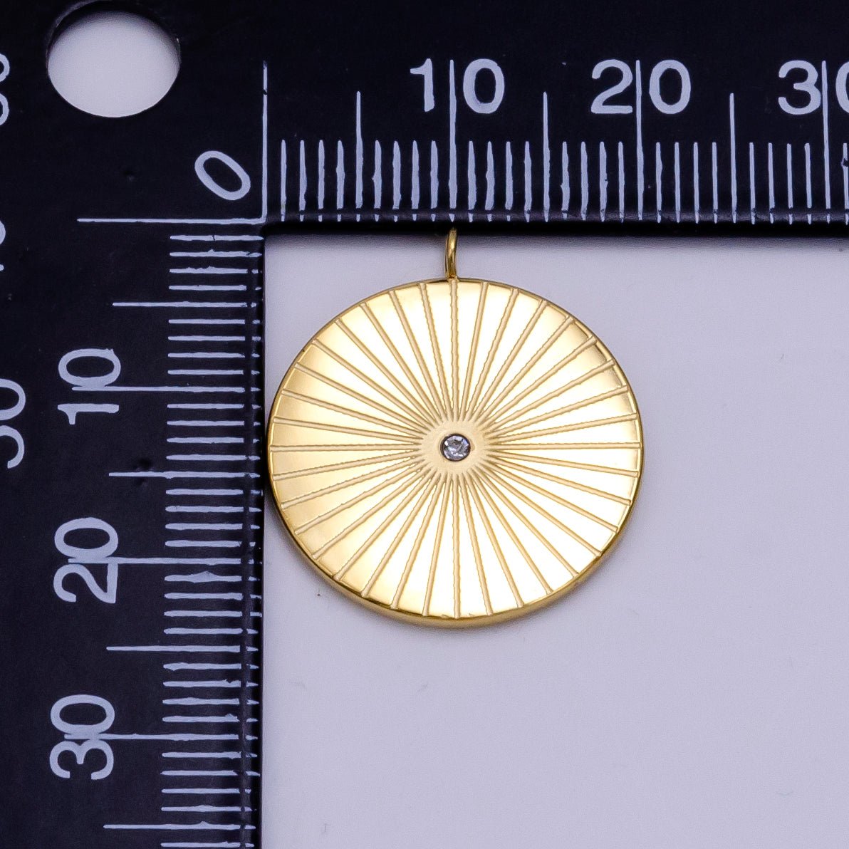 Stainless Steel CZ Sunburst Lined Round Charm | P1255