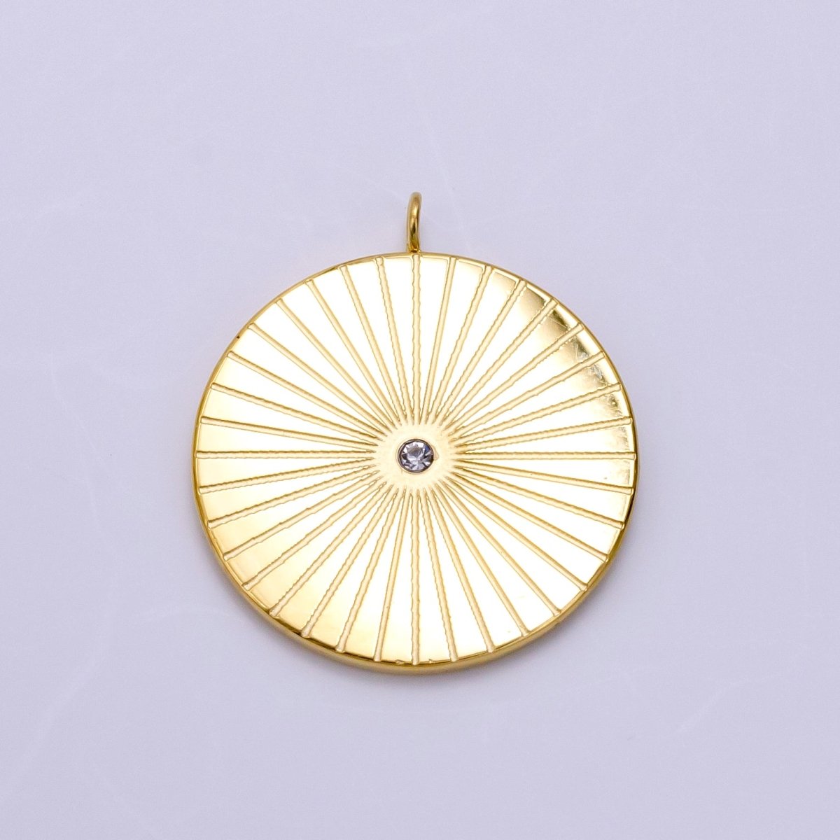 Stainless Steel CZ Sunburst Lined Round Charm | P1255