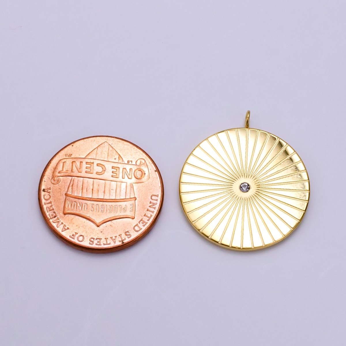 Stainless Steel CZ Sunburst Lined Round Charm | P1255