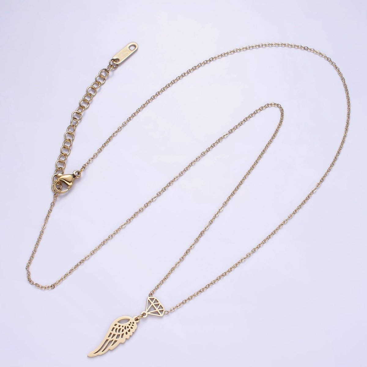 Stainless Steel Diamond Angel Wings Open Charm 17 Inch Cable Chain Necklace | WA-2087 Clearance Pricing
