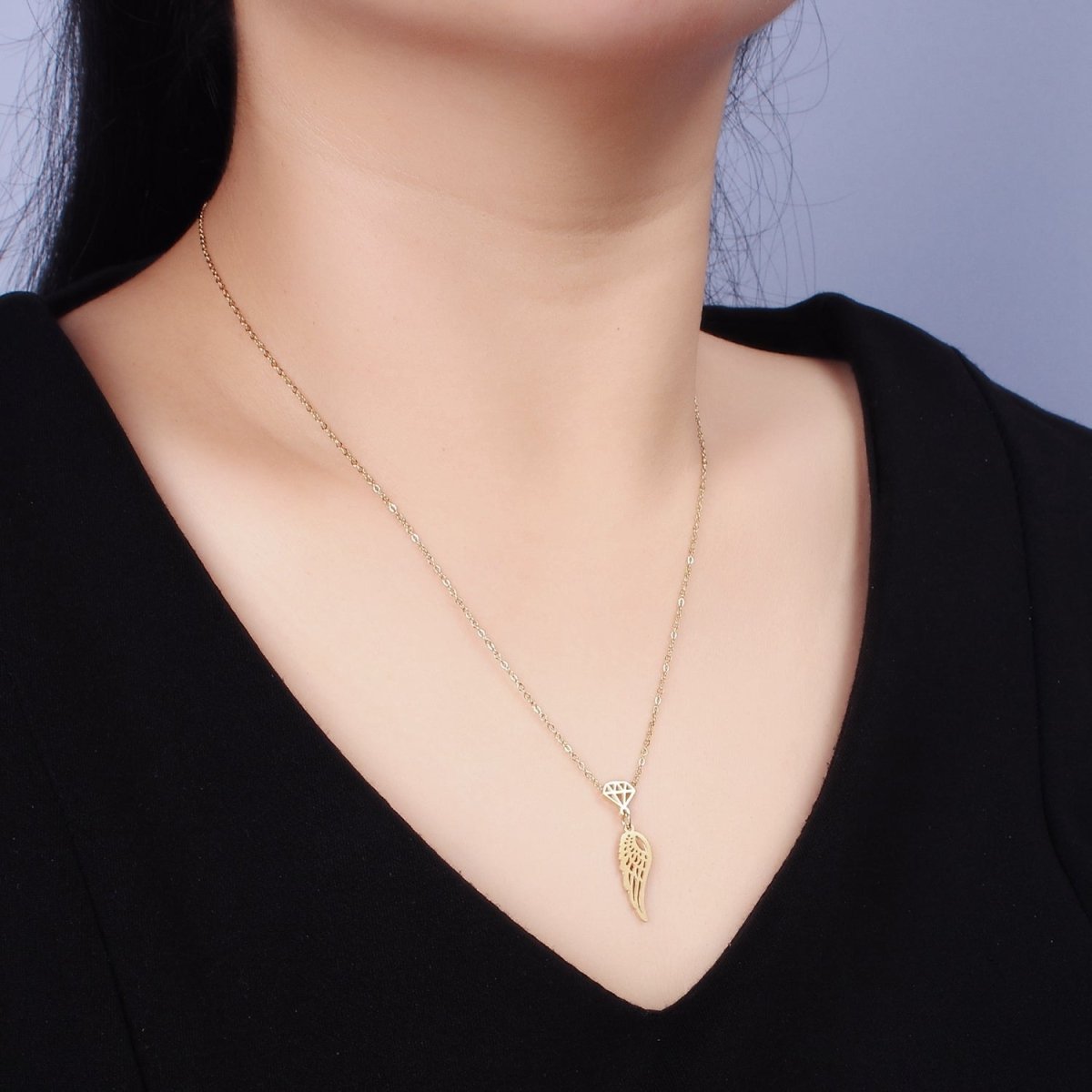 Stainless Steel Diamond Angel Wings Open Charm 17 Inch Cable Chain Necklace | WA-2087 Clearance Pricing