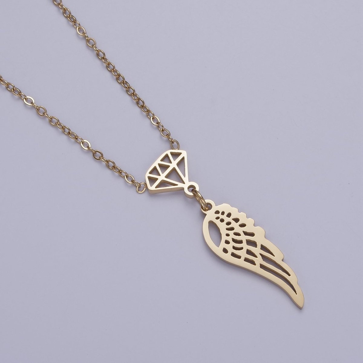 Stainless Steel Diamond Angel Wings Open Charm 17 Inch Cable Chain Necklace | WA-2087 Clearance Pricing