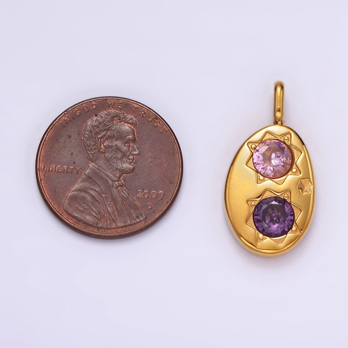 Stainless Steel Double Celestial Sun Purple Pink CZ Oval Pendant in Gold & Silver | P-671 P-672