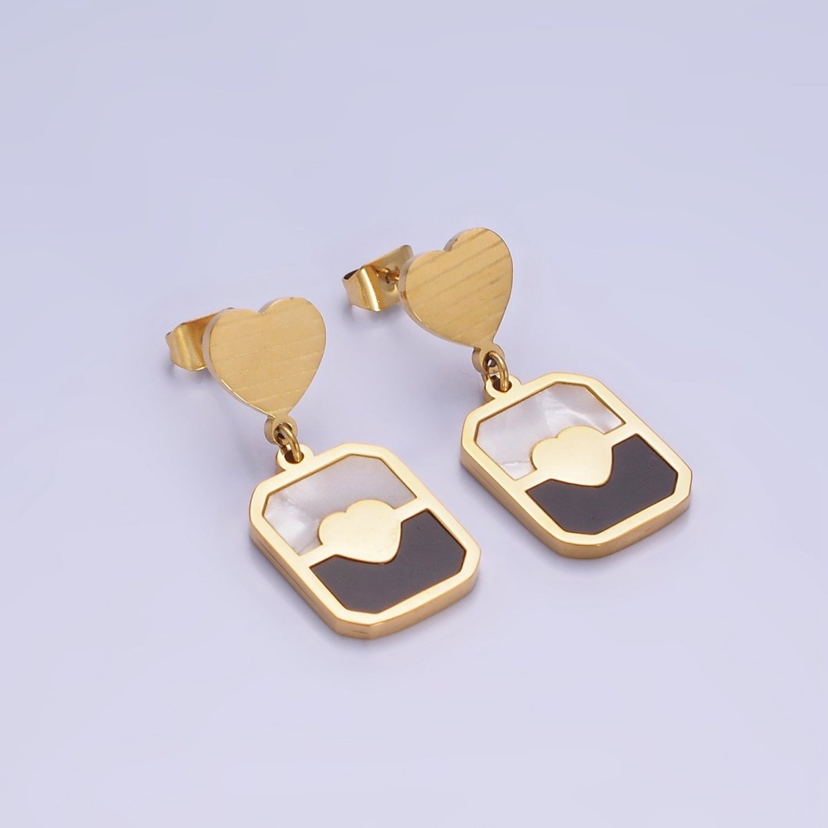 Stainless Steel Double Heart Shell Pearl Black Tag Drop Stud Earrings | AE454