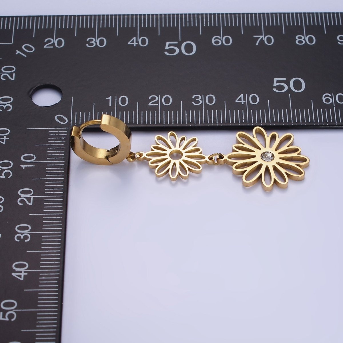 Stainless Steel Double Open CZ Nature Flower Petal Lined Drop Huggie Earrings | AE464