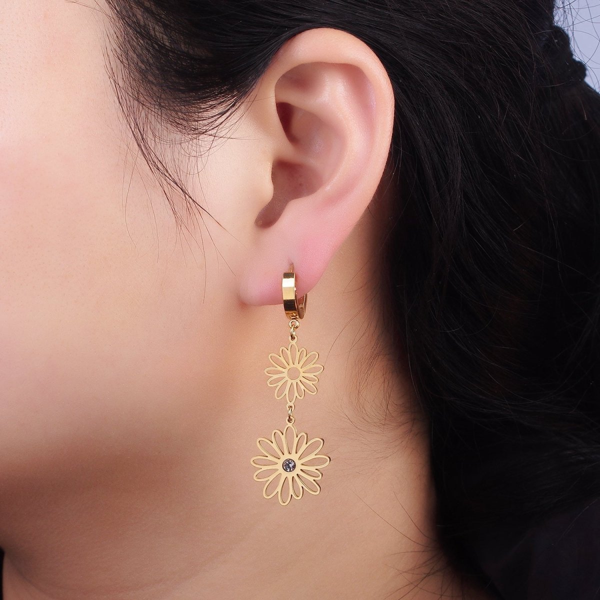 Stainless Steel Double Open CZ Nature Flower Petal Lined Drop Huggie Earrings | AE464