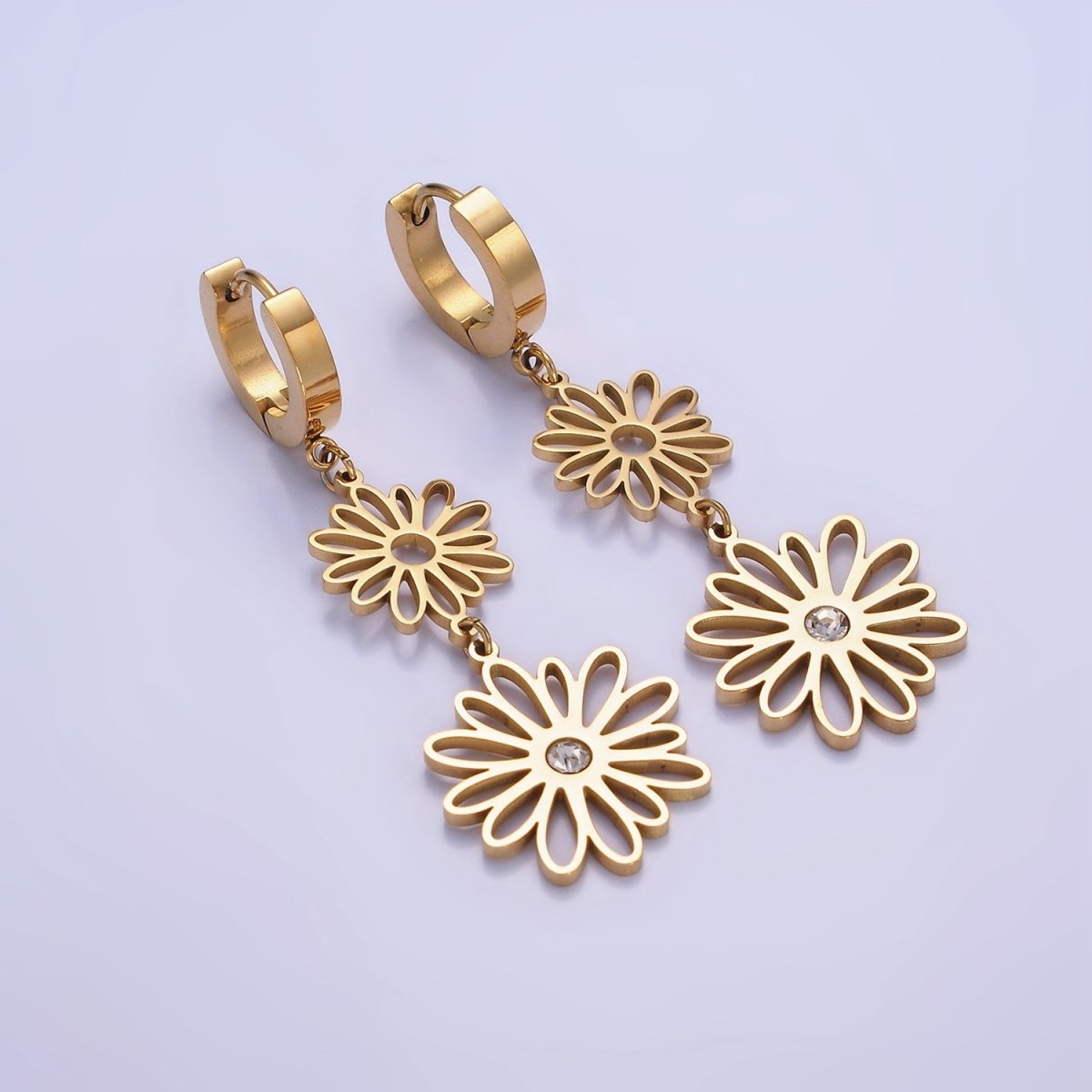 Stainless Steel Double Open CZ Nature Flower Petal Lined Drop Huggie Earrings | AE464