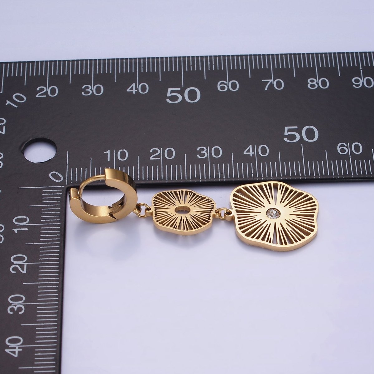 Stainless Steel Double Open CZ Sunburst Lined Geometric Drop Huggie Earrings | AE451