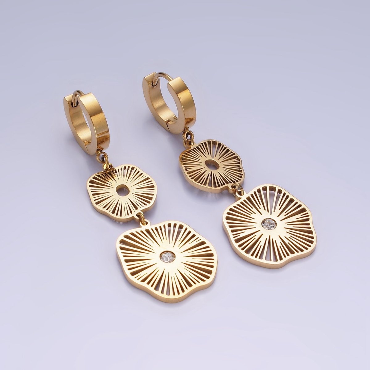 Stainless Steel Double Open CZ Sunburst Lined Geometric Drop Huggie Earrings | AE451