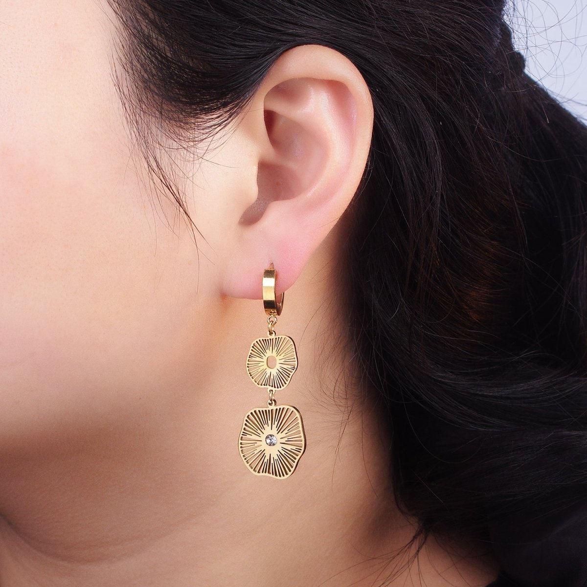 Stainless Steel Double Open CZ Sunburst Lined Geometric Drop Huggie Earrings | AE451