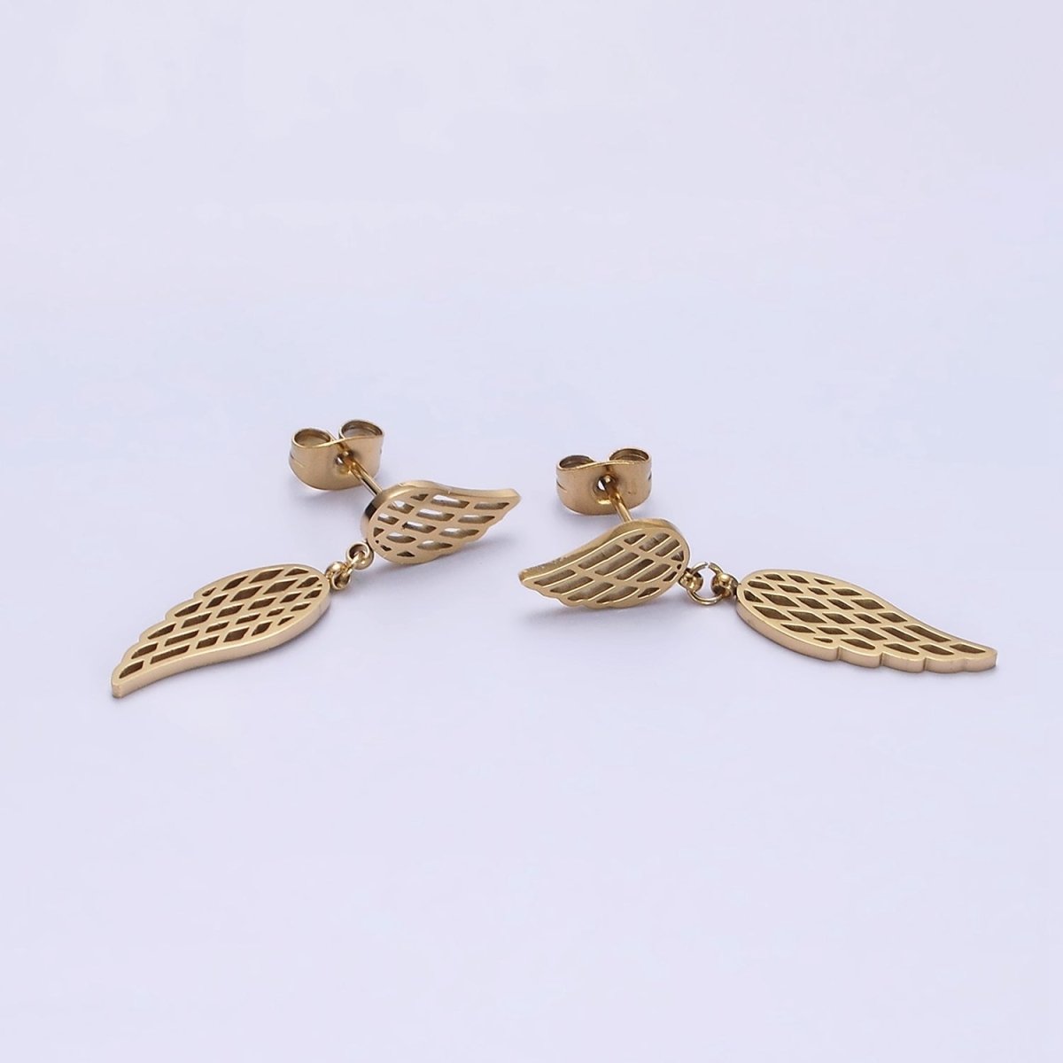 Stainless Steel Double Open Feather Wings Drop Stud Earrings Set | AE719
