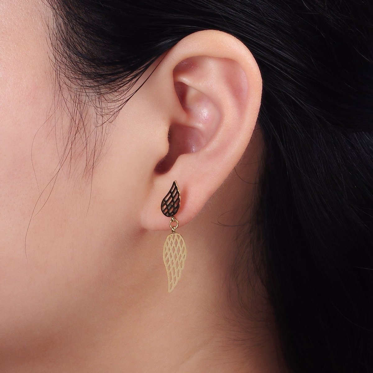 Stainless Steel Double Open Feather Wings Drop Stud Earrings Set | AE719