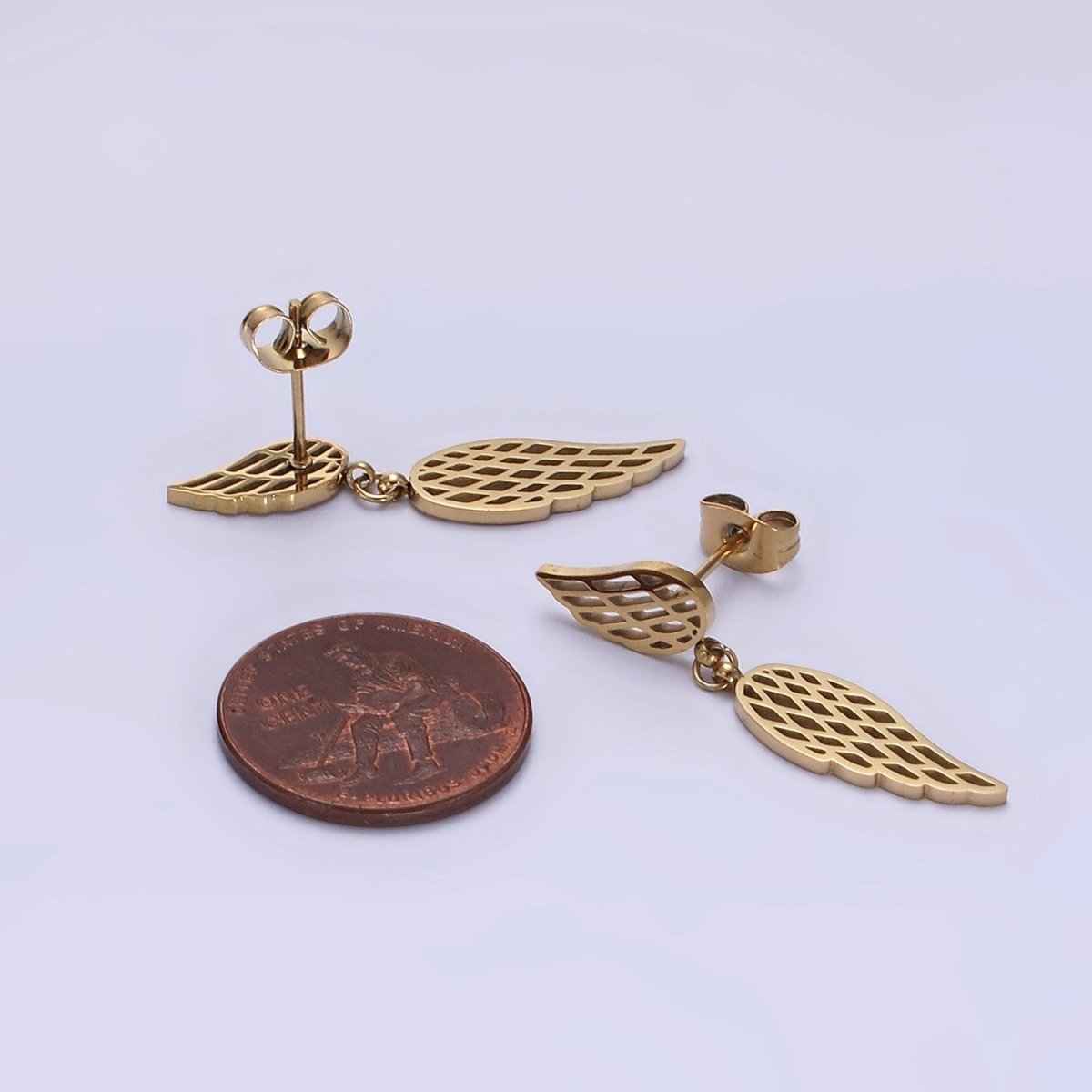 Stainless Steel Double Open Feather Wings Drop Stud Earrings Set | AE719