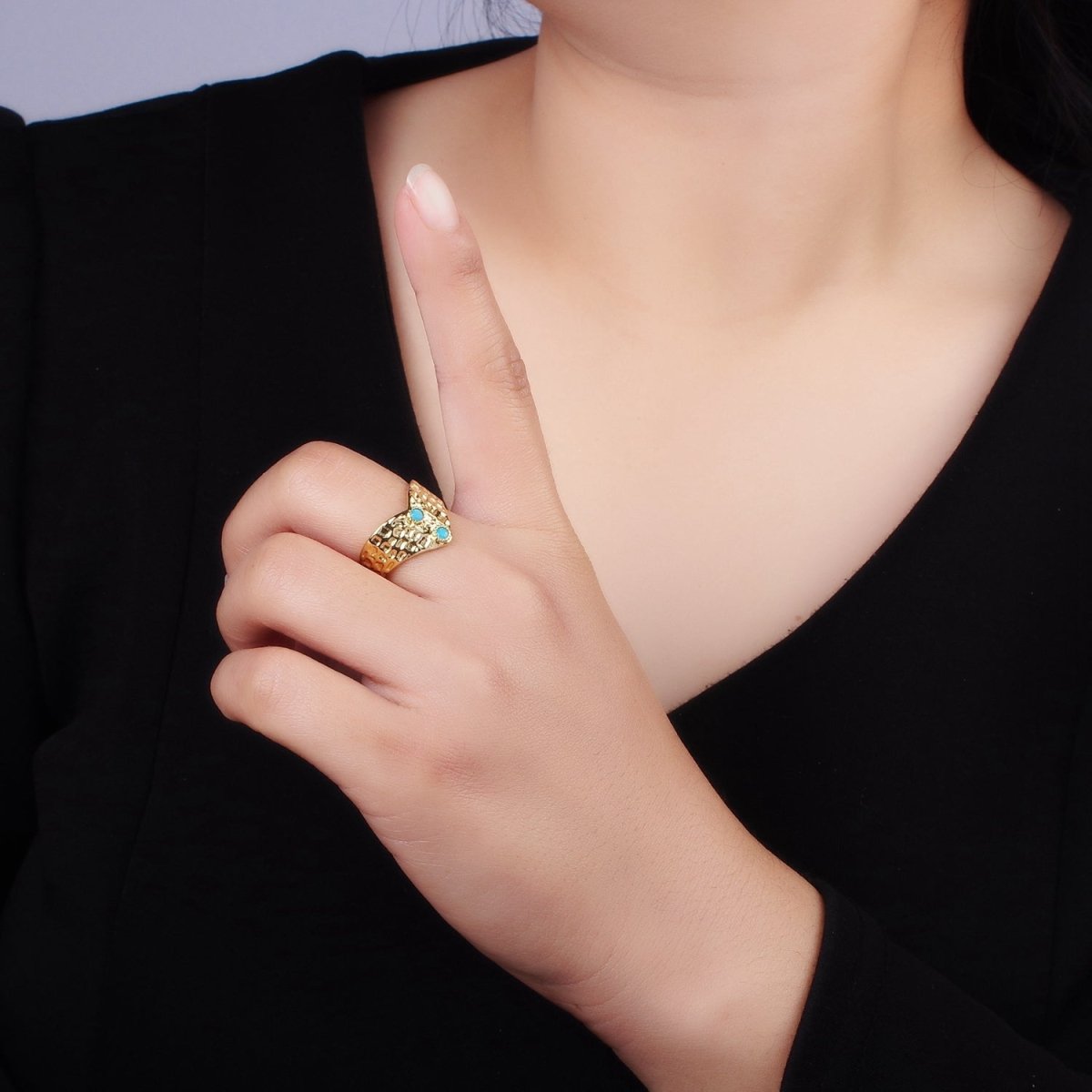 Stainless Steel Double Turquoise Hammered Chevron Ring | O1307