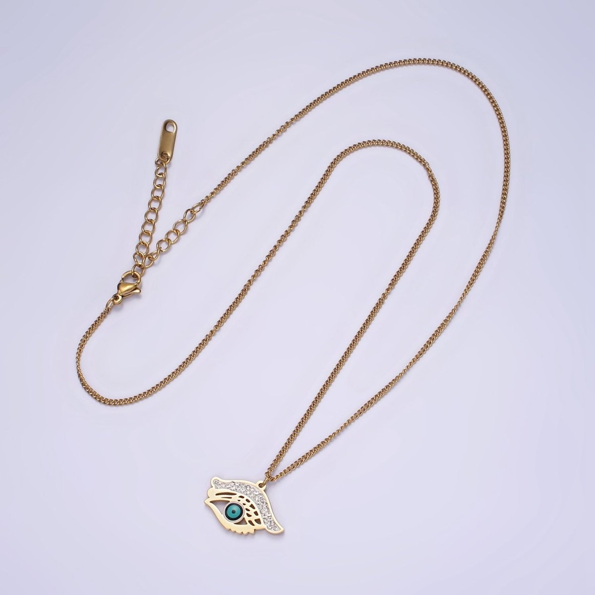 Stainless Steel Evil Eye Enamel Micro Paved CZ Charm 17 Inch Curb Chain Necklace | WA-2040 Clearance Pricing