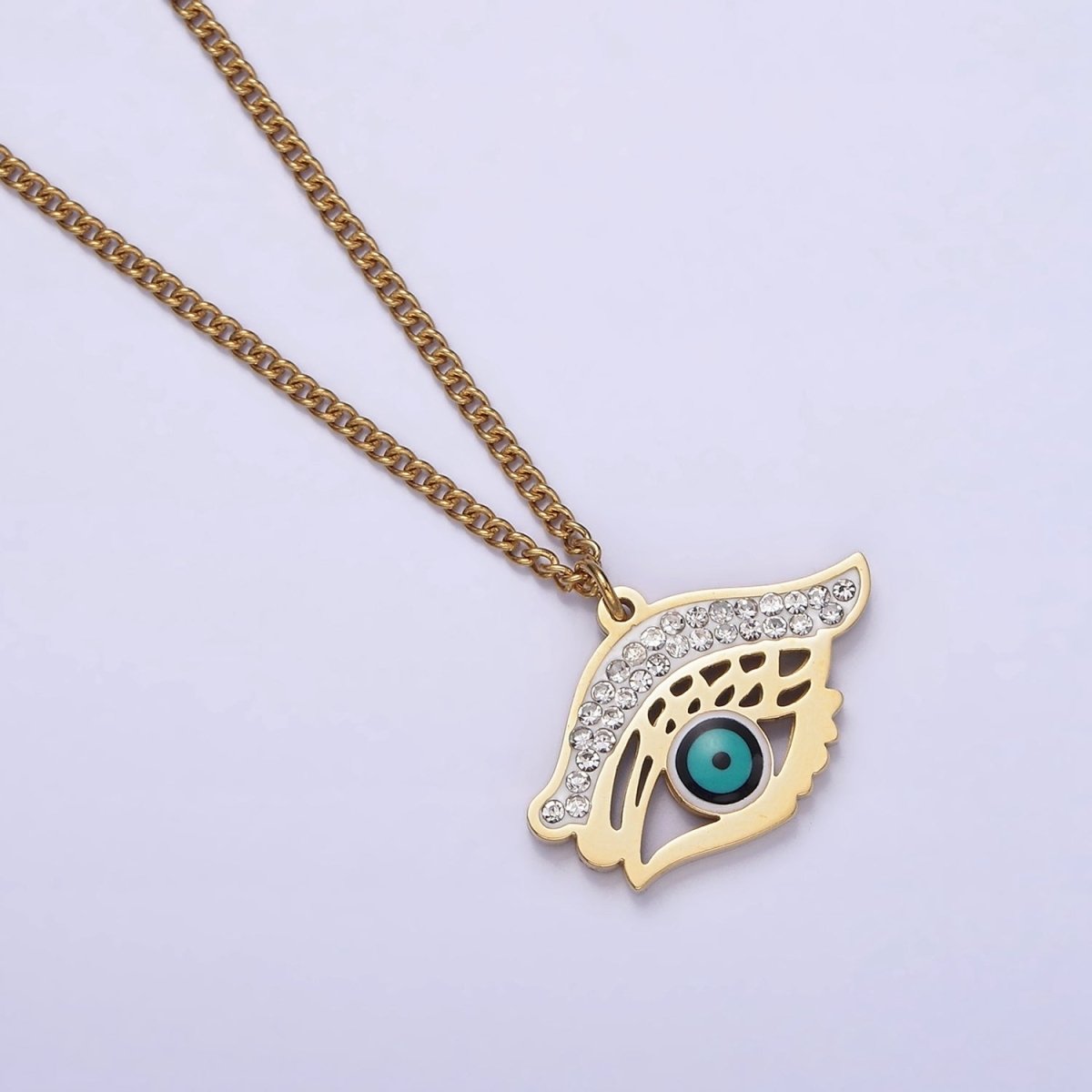 Stainless Steel Evil Eye Enamel Micro Paved CZ Charm 17 Inch Curb Chain Necklace | WA-2040 Clearance Pricing