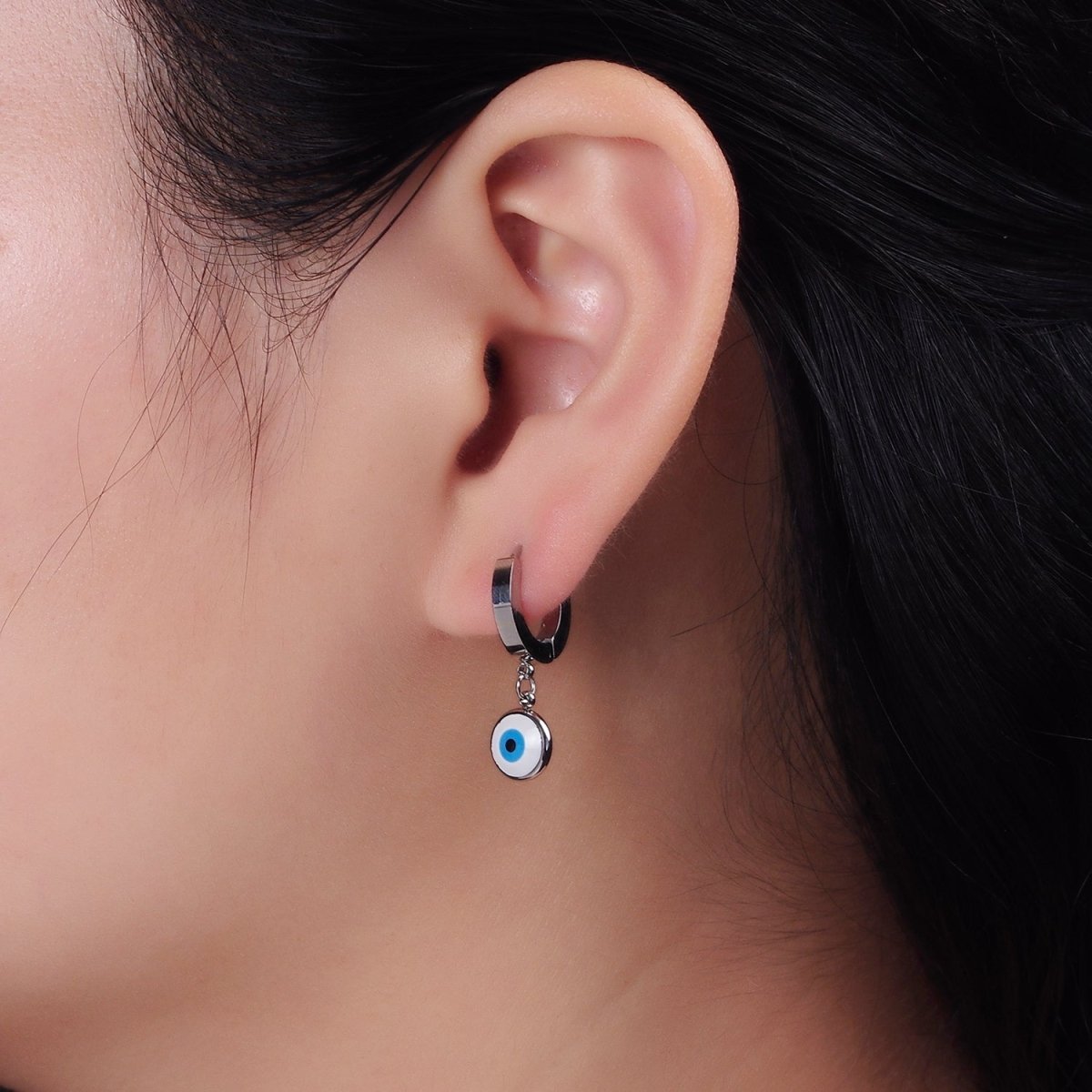 Stainless Steel Evil Eye Enamel Round Drop Huggie Earrings | AE748