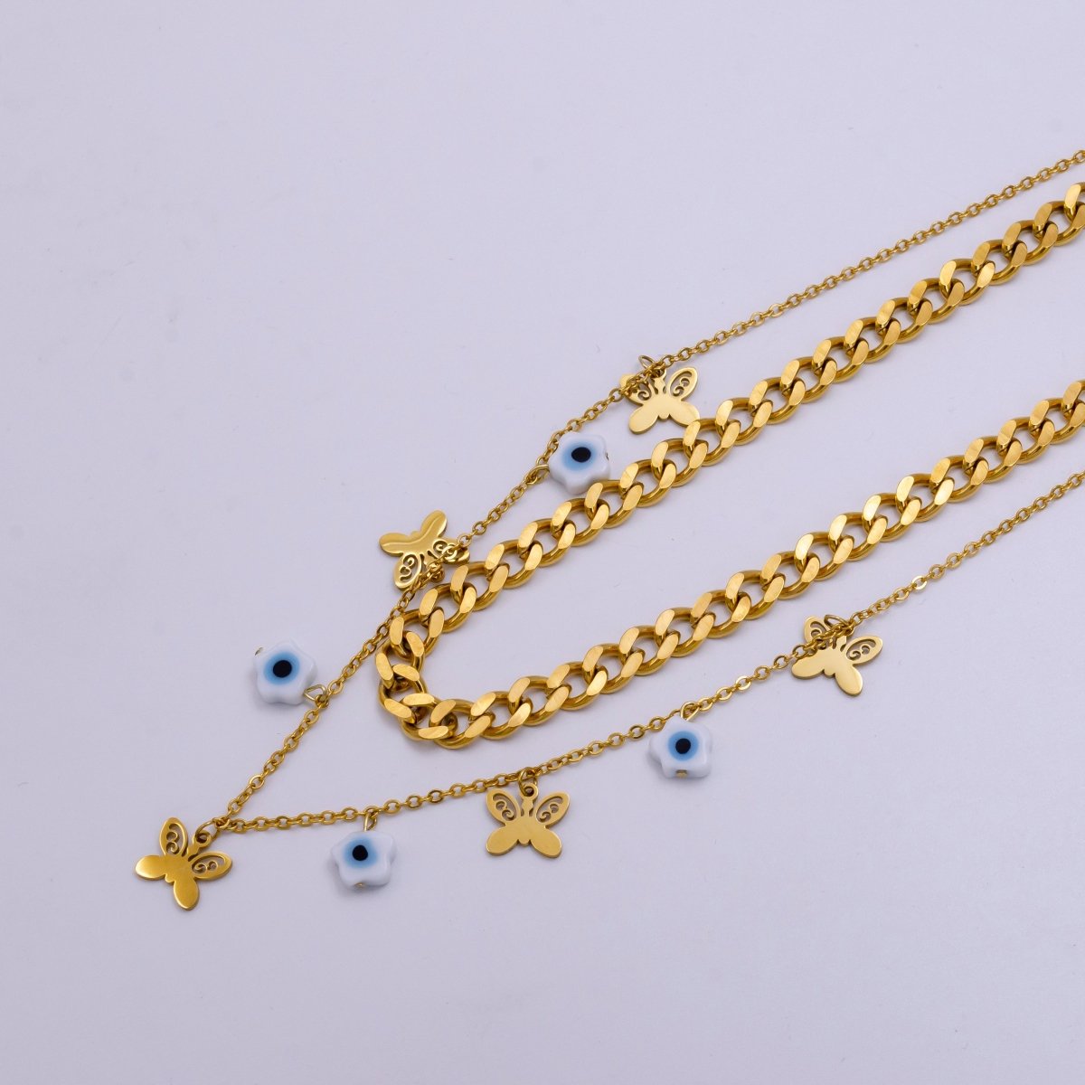 Stainless Steel Evil Eye Flower Butterfly Cable Curb Chain Double Layer Necklace | WA-2341 Clearance Pricing