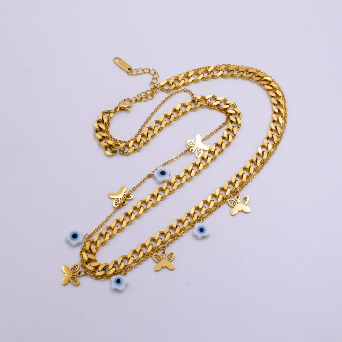 Stainless Steel Evil Eye Flower Butterfly Cable Curb Chain Double Layer Necklace | WA-2341 Clearance Pricing