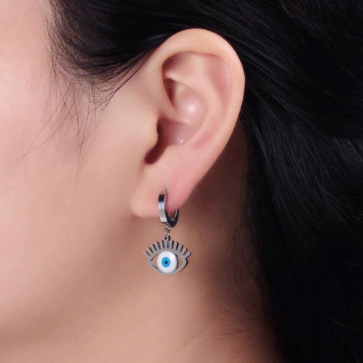 Stainless Steel Evil Eye Lash Enamel Drop Huggie Earrings | AE724