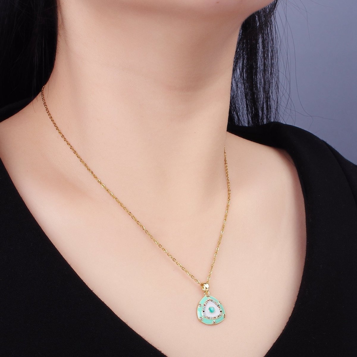 Stainless Steel Evil Eye Micro Paved Enamel Triangle Cable 16 Inch Choker Necklace | WA-2413