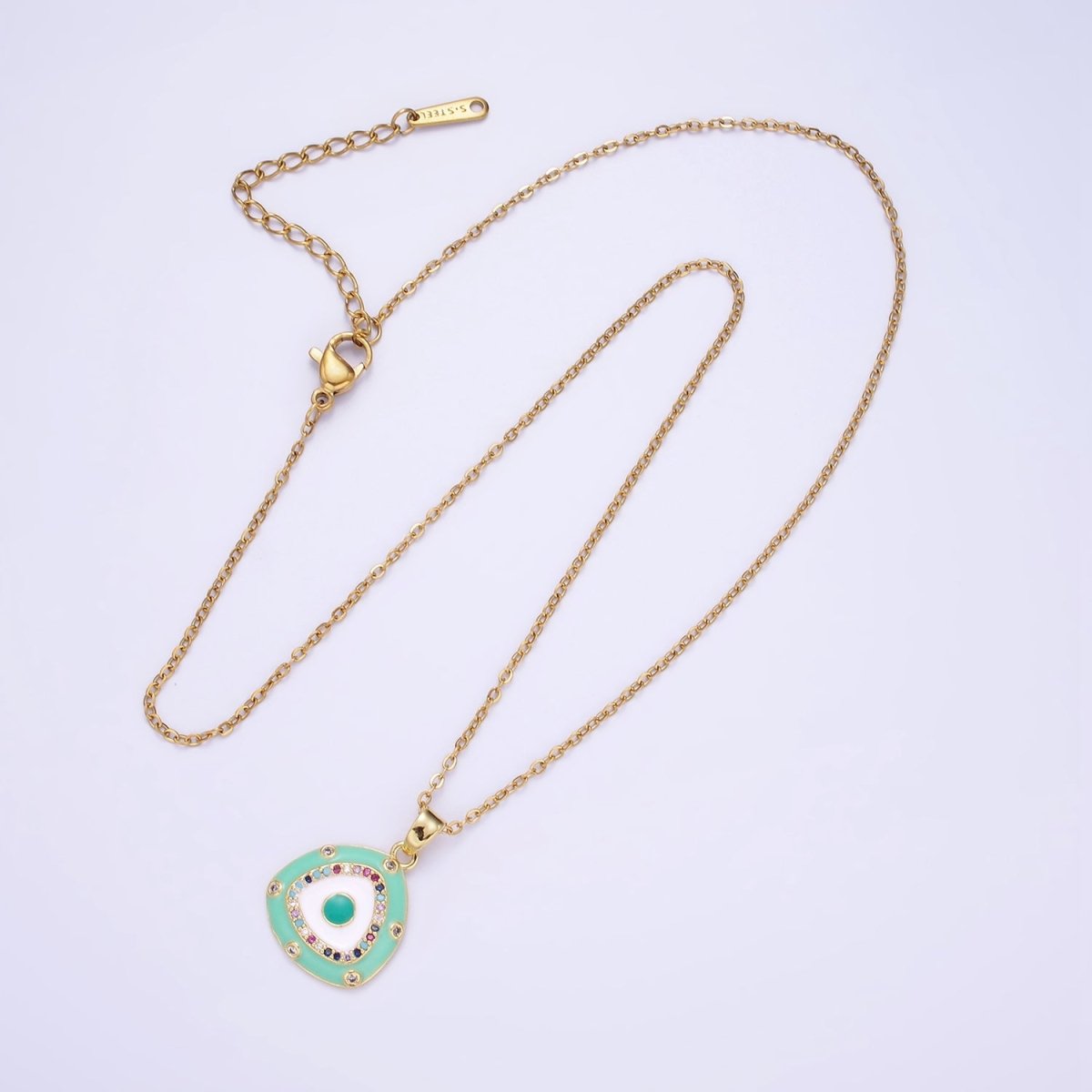 Stainless Steel Evil Eye Micro Paved Enamel Triangle Cable 16 Inch Choker Necklace | WA-2413