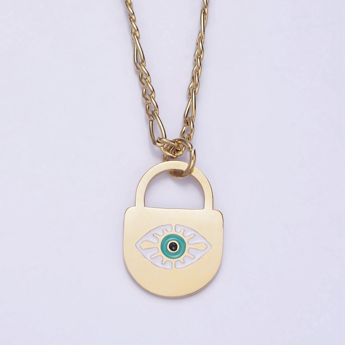 Stainless Steel Evil Eye Splatter Enamel Lock Layering 17 Inch Figaro Chain Necklace | WA-2045 Clearance Pricing