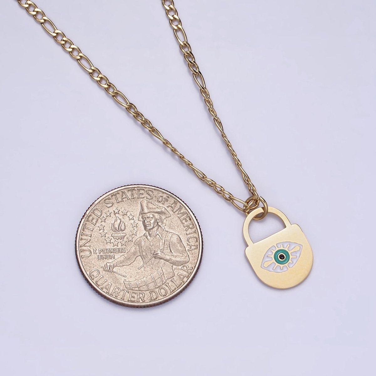 Stainless Steel Evil Eye Splatter Enamel Lock Layering 17 Inch Figaro Chain Necklace | WA-2045 Clearance Pricing