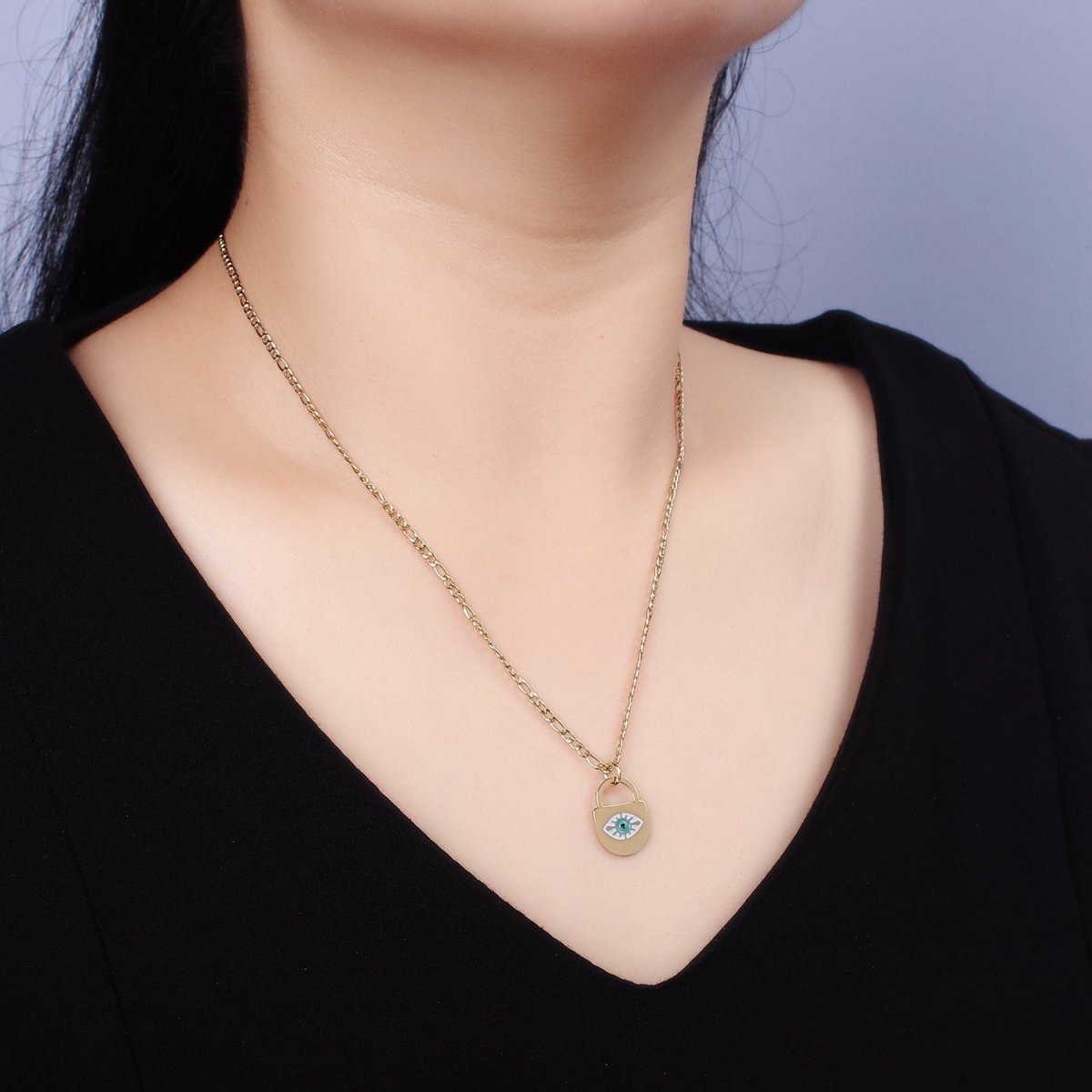 Stainless Steel Evil Eye Splatter Enamel Lock Layering 17 Inch Figaro Chain Necklace | WA-2045 Clearance Pricing