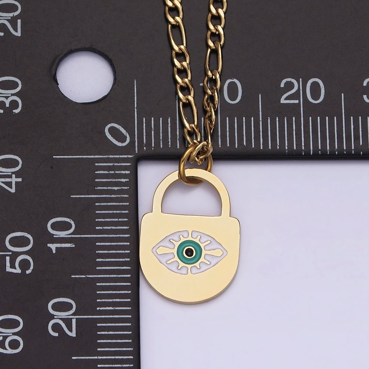 Stainless Steel Evil Eye Splatter Enamel Lock Layering 17 Inch Figaro Chain Necklace | WA-2045 Clearance Pricing