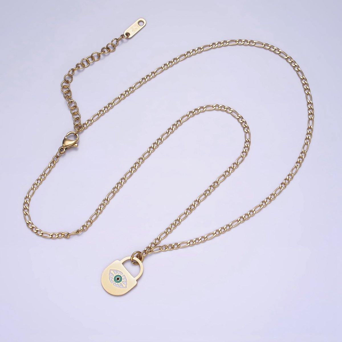 Stainless Steel Evil Eye Splatter Enamel Lock Layering 17 Inch Figaro Chain Necklace | WA-2045 Clearance Pricing