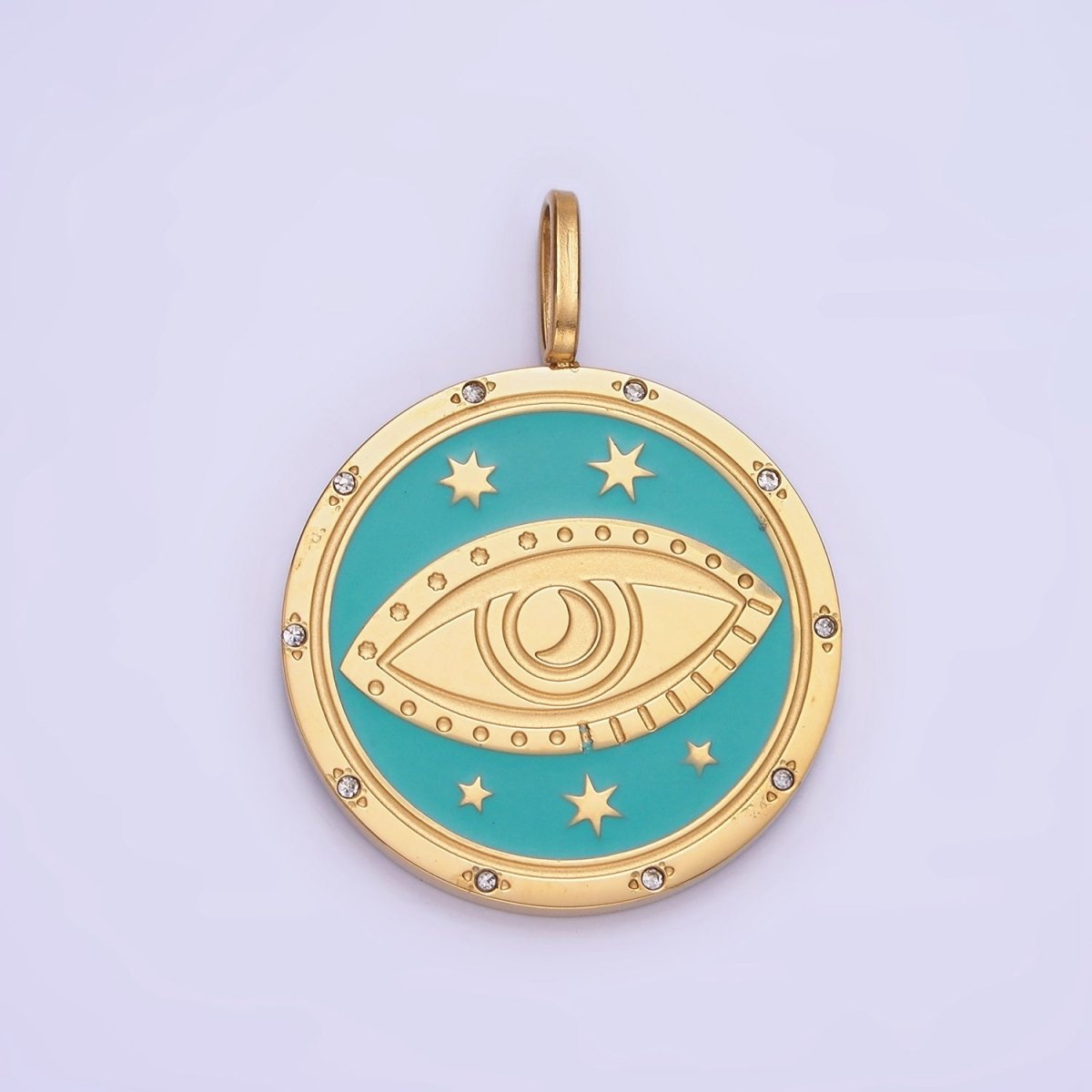 Stainless Steel Evil Eye Teal Celestial Star CZ Dotted Round Medallion Pendant | P1394