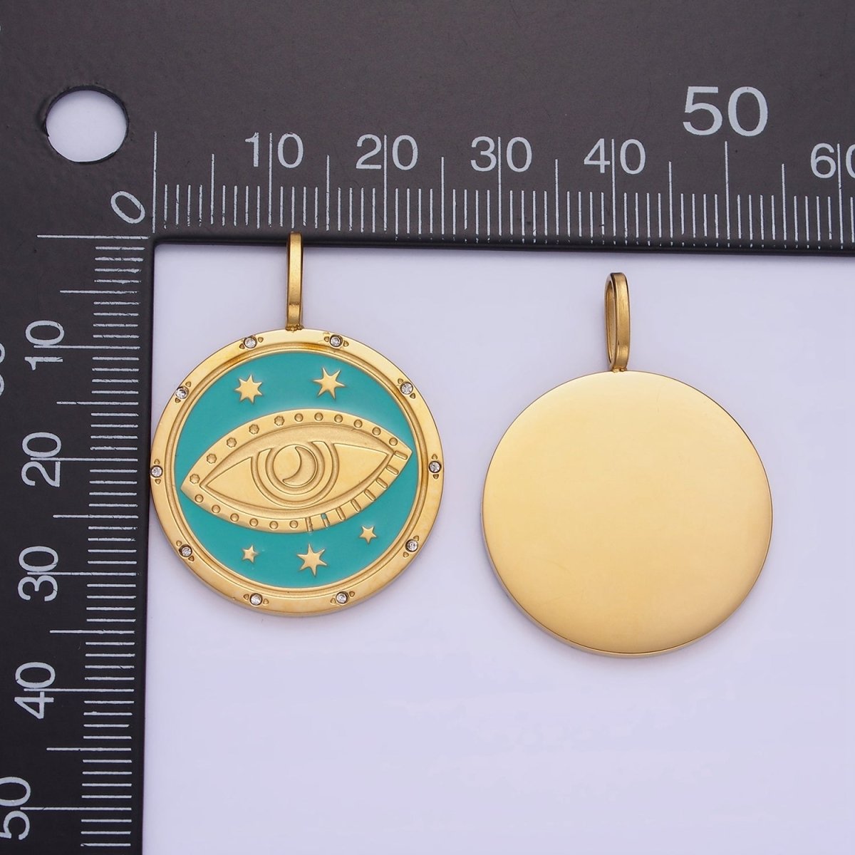 Stainless Steel Evil Eye Teal Celestial Star CZ Dotted Round Medallion Pendant | P1394