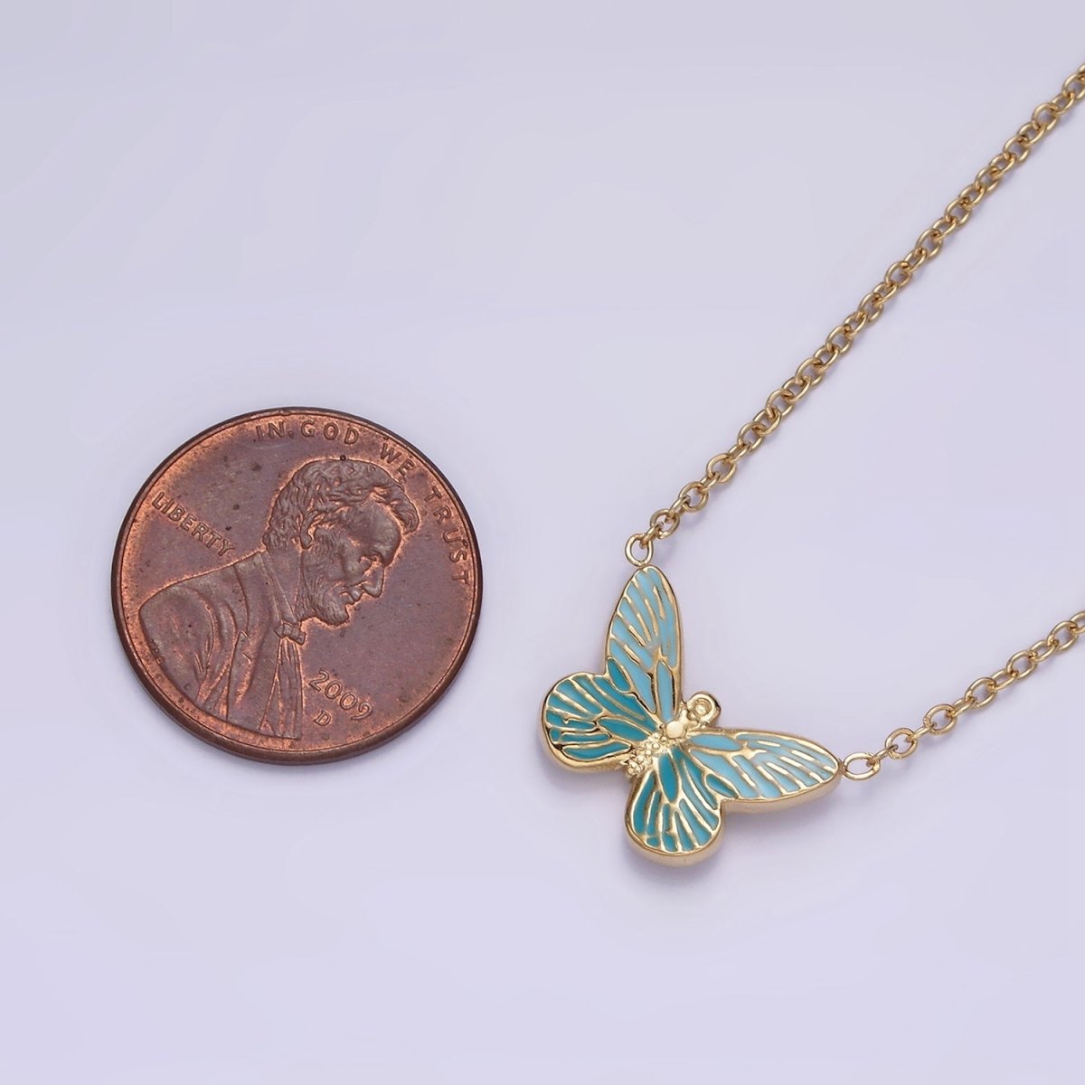 Stainless Steel Fairy Butterfly Wings Blue Enamel 17 Inch Cable Chain Necklace | WA-2059 Clearance Pricing