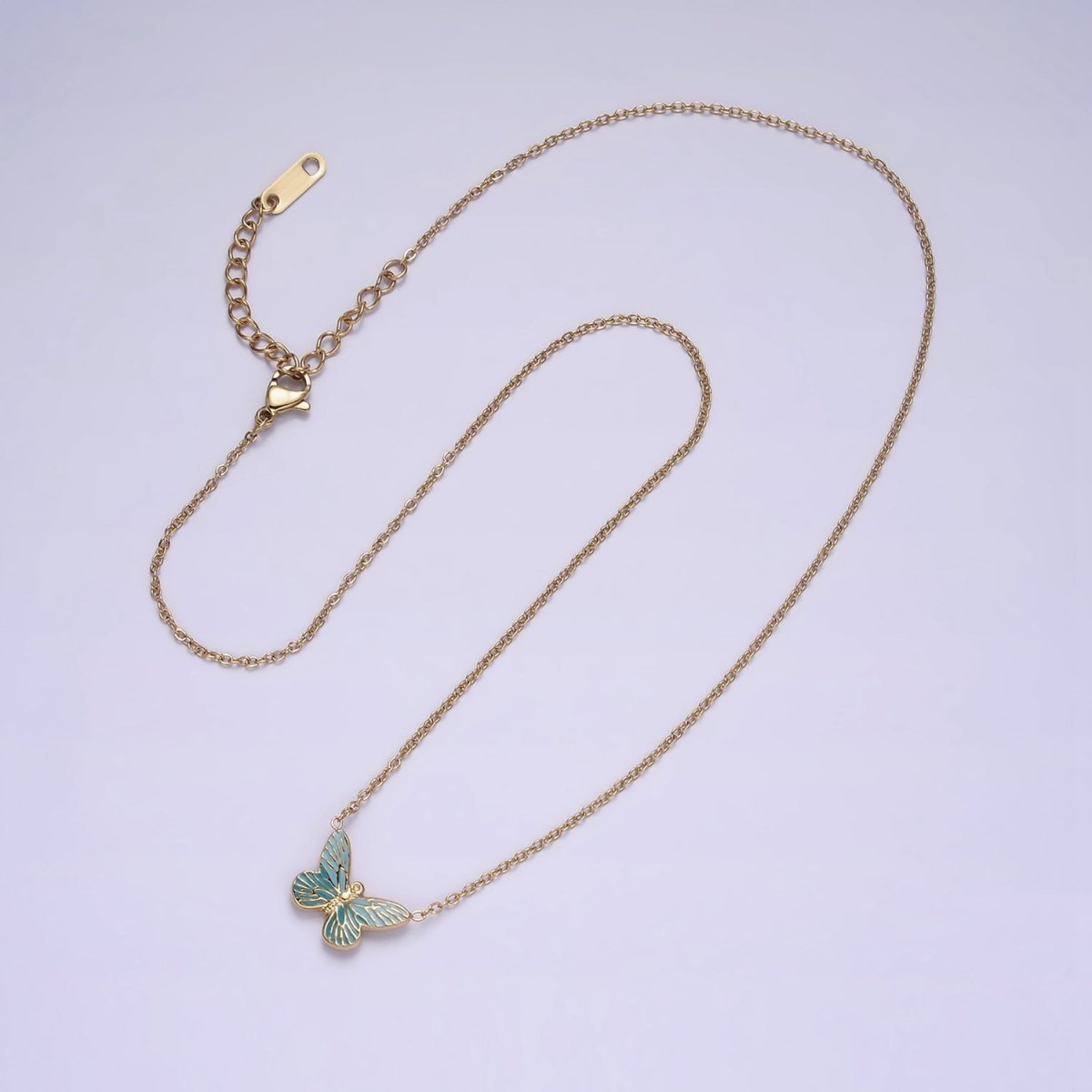 Stainless Steel Fairy Butterfly Wings Blue Enamel 17 Inch Cable Chain Necklace | WA-2059 Clearance Pricing