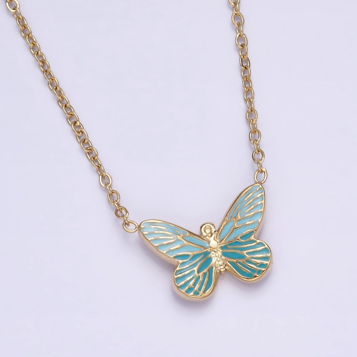Stainless Steel Fairy Butterfly Wings Blue Enamel 17 Inch Cable Chain Necklace | WA-2059 Clearance Pricing