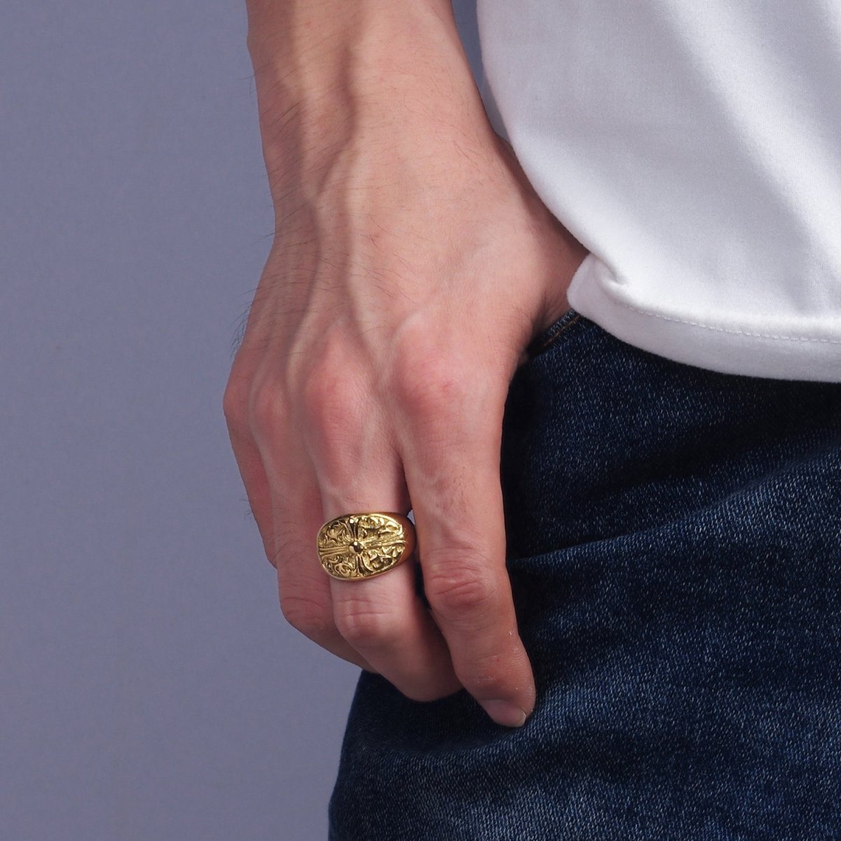 Stainless Steel Fleury Cross Artisan Oval Signet Ring in Gold & Silver | O1239 - O1244